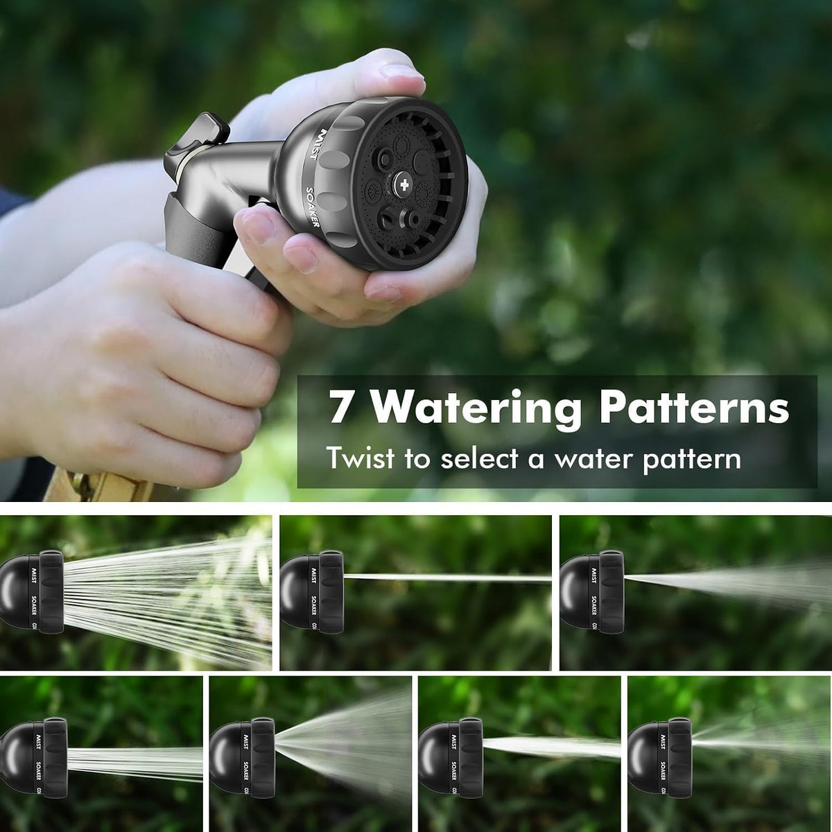 Garden Hose Nozzle, Heavy Duty Metal Water Hose Nozzle with 7 Adjustable Spray Patterns, High Pressure Hand Sprayer with Flow Control for Watering Plants & Lawns, Washing Cars & Pets