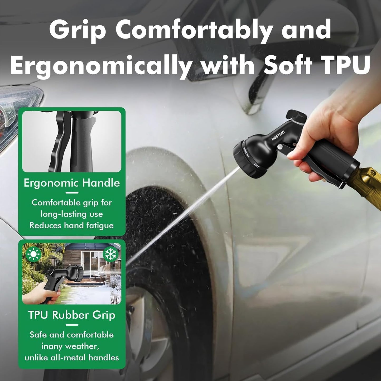 Garden Hose Nozzle, Heavy Duty Metal Water Hose Nozzle with 7 Adjustable Spray Patterns, High Pressure Hand Sprayer with Flow Control for Watering Plants & Lawns, Washing Cars & Pets