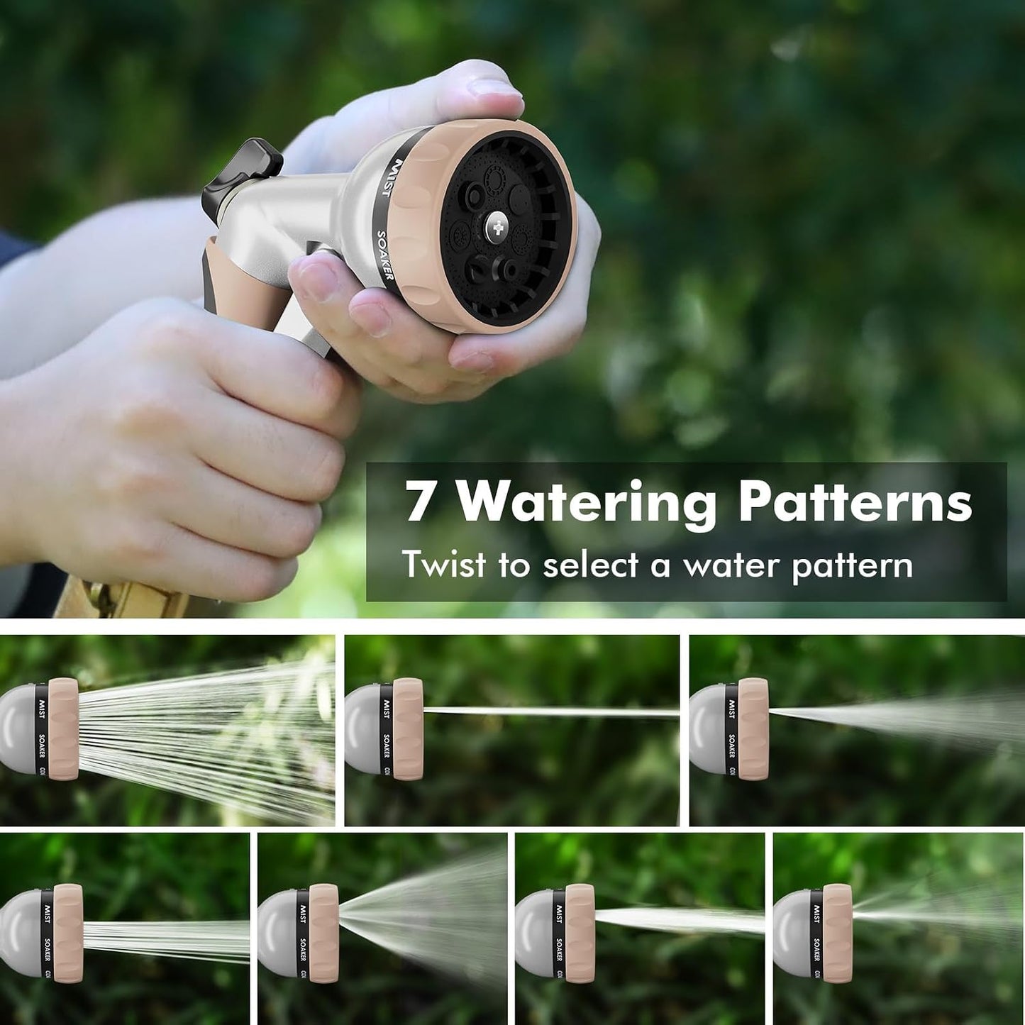 Garden Hose Nozzle, Heavy Duty Metal Water Hose Nozzle with 7 Adjustable Spray Patterns, High Pressure Hand Sprayer with Flow Control for Watering Plants & Lawns, Washing Cars & Pets