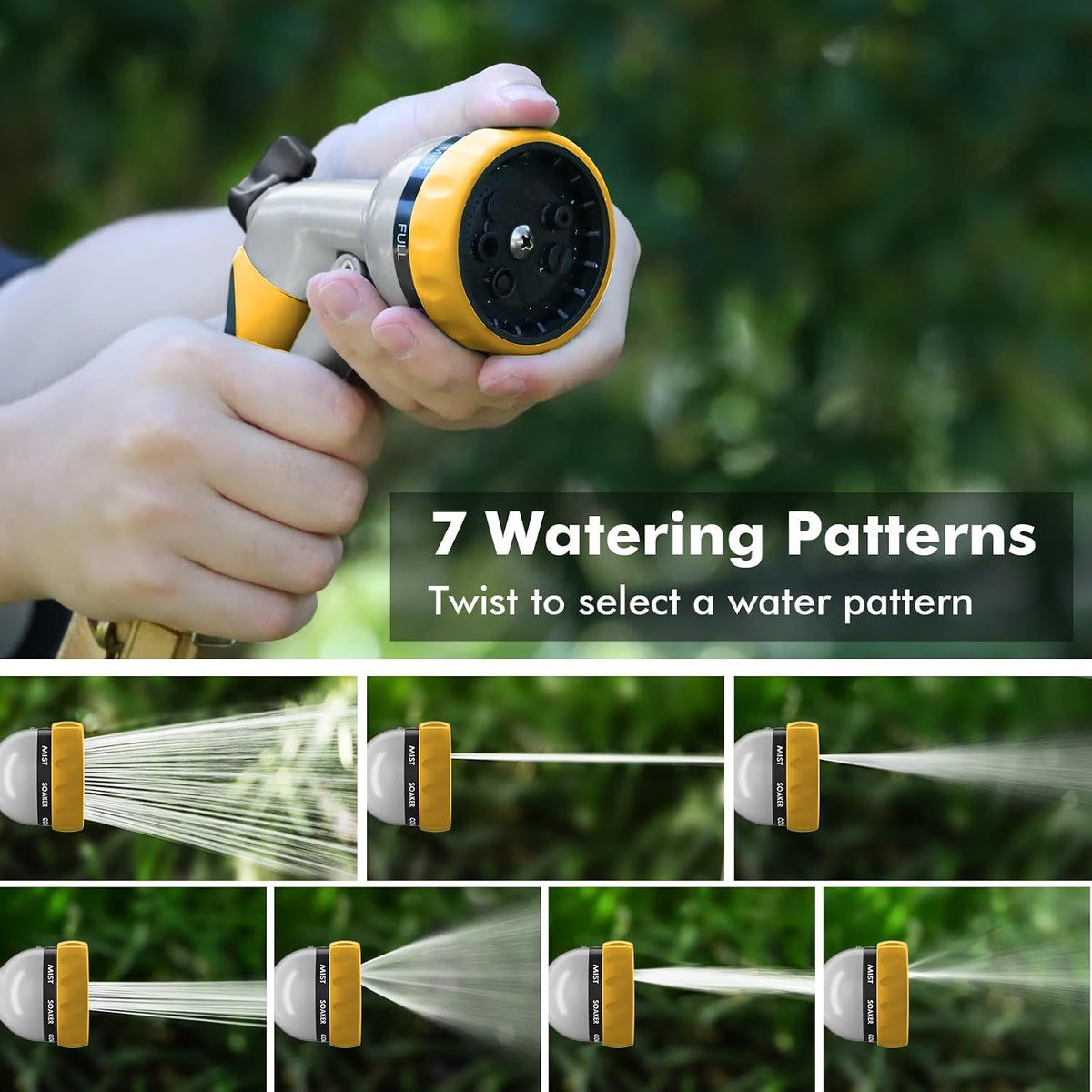 Garden Hose Nozzle, Heavy Duty Metal Water Hose Nozzle with 7 Adjustable Spray Patterns, High Pressure Hand Sprayer with Flow Control for Watering Plants & Lawns, Washing Cars & Pets