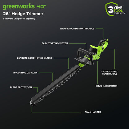40V 26 in Cordless Hedge Trimmer, Tool Only