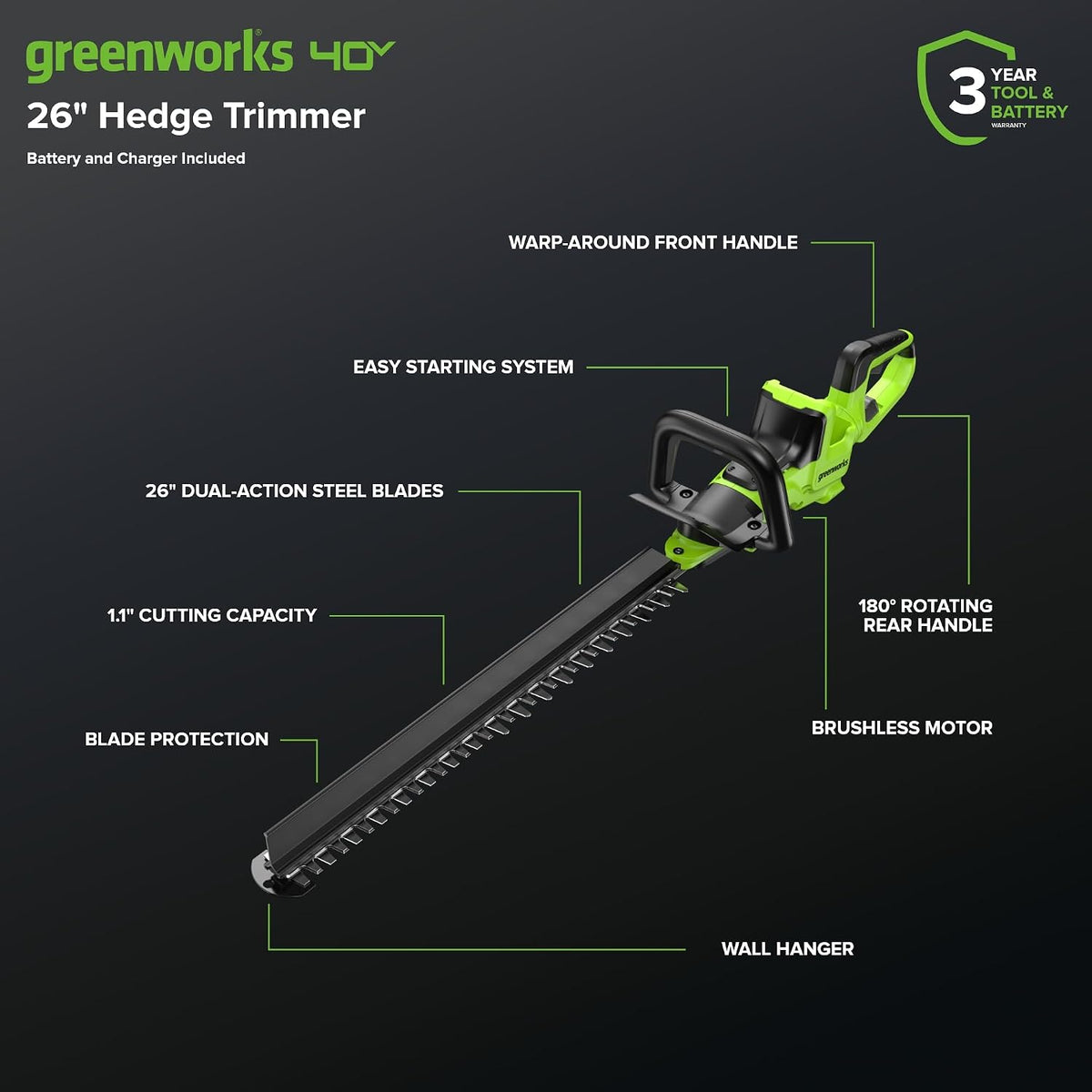40V 26 in Cordless Hedge Trimmer, Tool Only