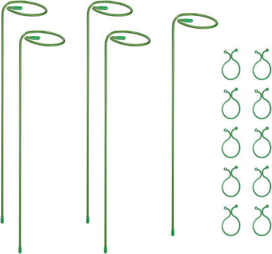 5Pcs 17.7 Plant Support Stakes with 10Pcs Plant Clips Metal Garden Single Stem Flower Support Sticks Plants Cage Support Ring for Peony Rose Tomato Sunflower
