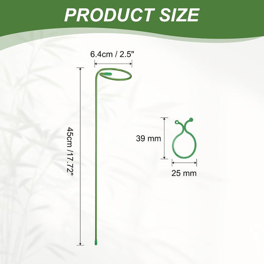 5Pcs 17.7 Plant Support Stakes with 10Pcs Plant Clips Metal Garden Single Stem Flower Support Sticks Plants Cage Support Ring for Peony Rose Tomato Sunflower