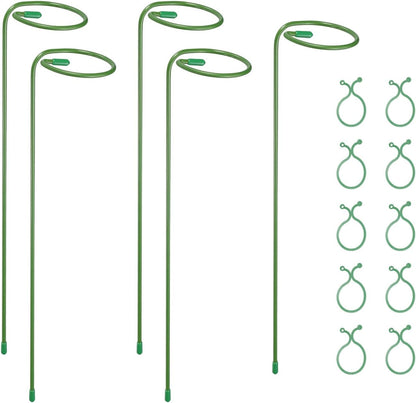 5Pcs 17.7 Plant Support Stakes with 10Pcs Plant Clips Metal Garden Single Stem Flower Support Sticks Plants Cage Support Ring for Peony Rose Tomato Sunflower
