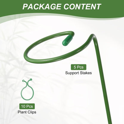 5Pcs 17.7 Plant Support Stakes with 10Pcs Plant Clips Metal Garden Single Stem Flower Support Sticks Plants Cage Support Ring for Peony Rose Tomato Sunflower