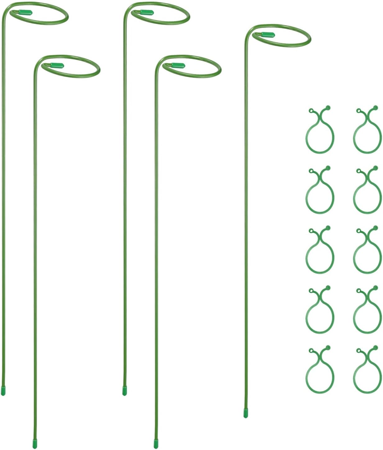 5Pcs 17.7 Plant Support Stakes with 10Pcs Plant Clips Metal Garden Single Stem Flower Support Sticks Plants Cage Support Ring for Peony Rose Tomato Sunflower