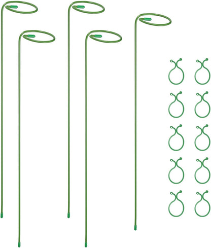 5Pcs 17.7 Plant Support Stakes with 10Pcs Plant Clips Metal Garden Single Stem Flower Support Sticks Plants Cage Support Ring for Peony Rose Tomato Sunflower