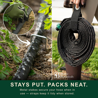 100 FT Flat Soaker Hose (2 x 50 FT) – Drip Irrigation for Garden Beds, Raised Beds & Landscaping – Kink-Resistant, Even Watering, Includes 16 Steel Stakes & Storage Straps