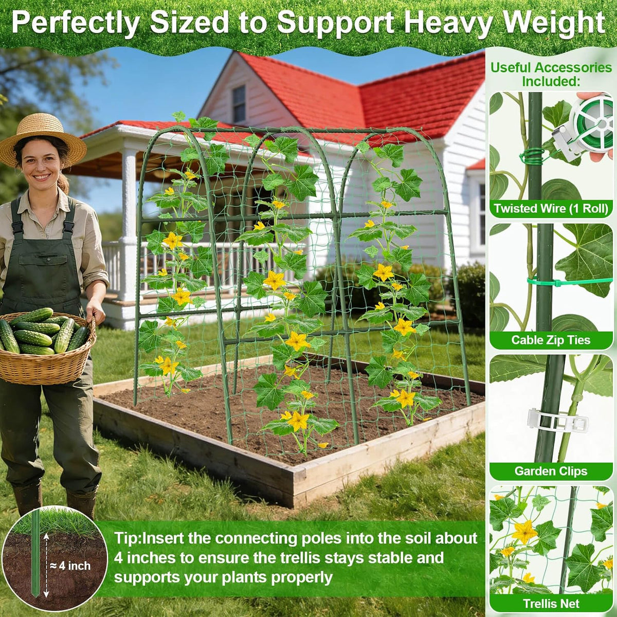 Cucumber Trellis for Raised Bed Garden, Arch Trellis for Climbing Plants