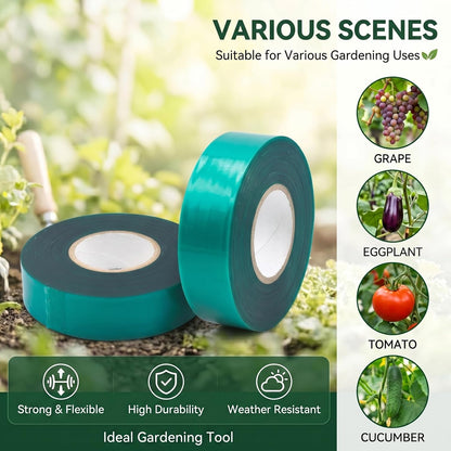 2 Rolls Stretch Tie Tape Garden Tie Tape Thick Plant Ribbon Garden Green Vinyl Stake for Indoor Outdoor Patio Plant Use, 1 Inch Wide by 150 Feet Long