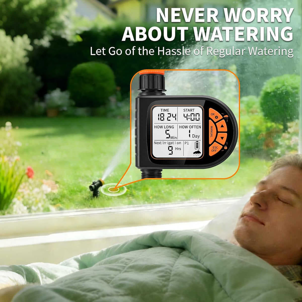 Sprinkler Timer for Garden Hose - Programmable Irrigation Timer with Rain Delay, Manual Watering, Child Lock, Outdoor Garden Automatic Irrigation Drip Watering System for Yard Lawn Pool Garden