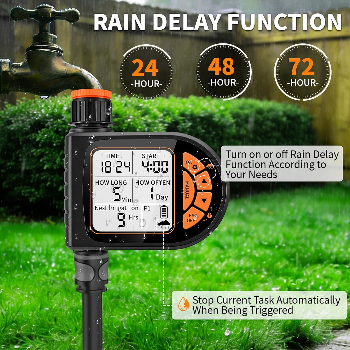 Sprinkler Timer for Garden Hose - Programmable Irrigation Timer with Rain Delay, Manual Watering, Child Lock, Outdoor Garden Automatic Irrigation Drip Watering System for Yard Lawn Pool Garden