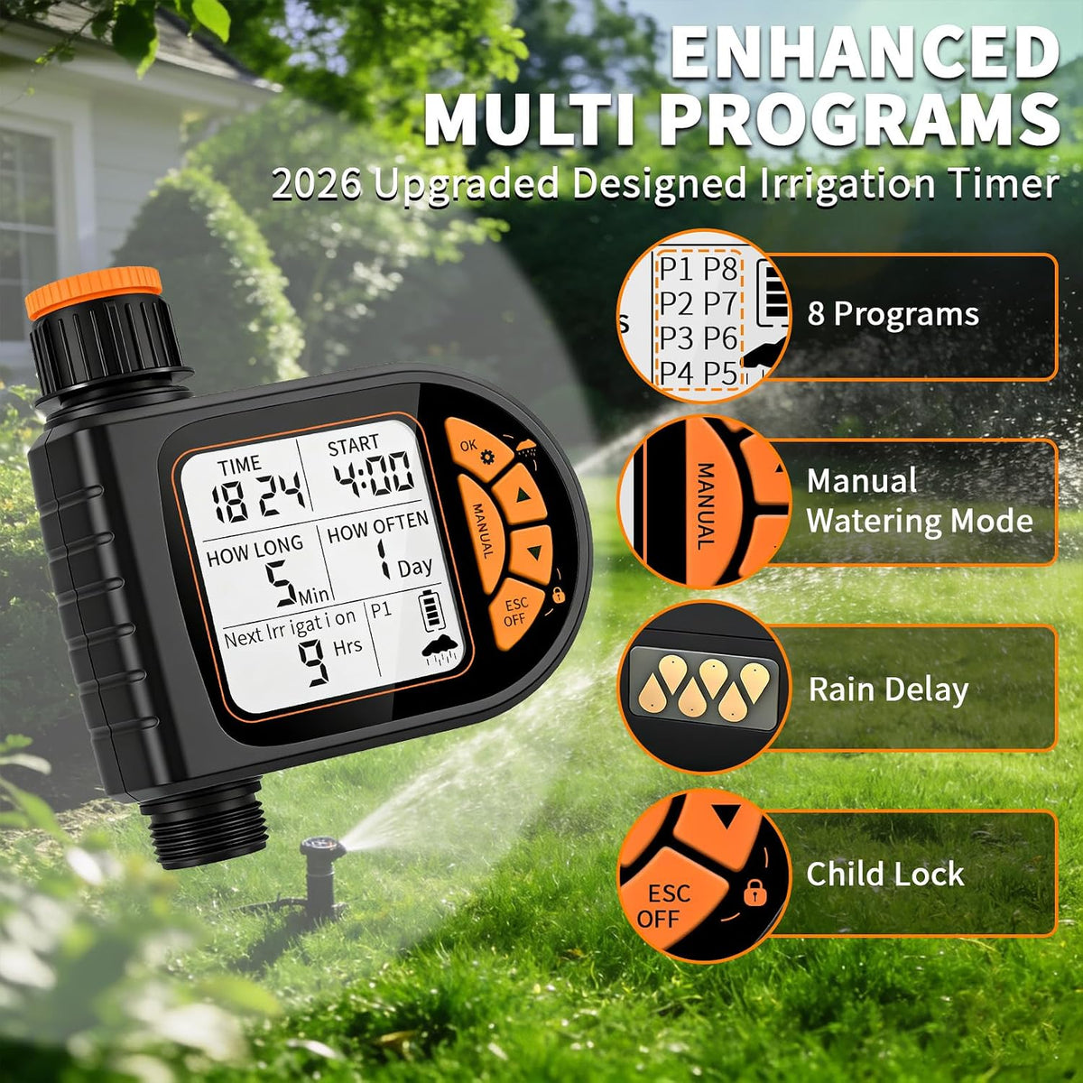Sprinkler Timer for Garden Hose - Programmable Irrigation Timer with Rain Delay, Manual Watering, Child Lock, Outdoor Garden Automatic Irrigation Drip Watering System for Yard Lawn Pool Garden