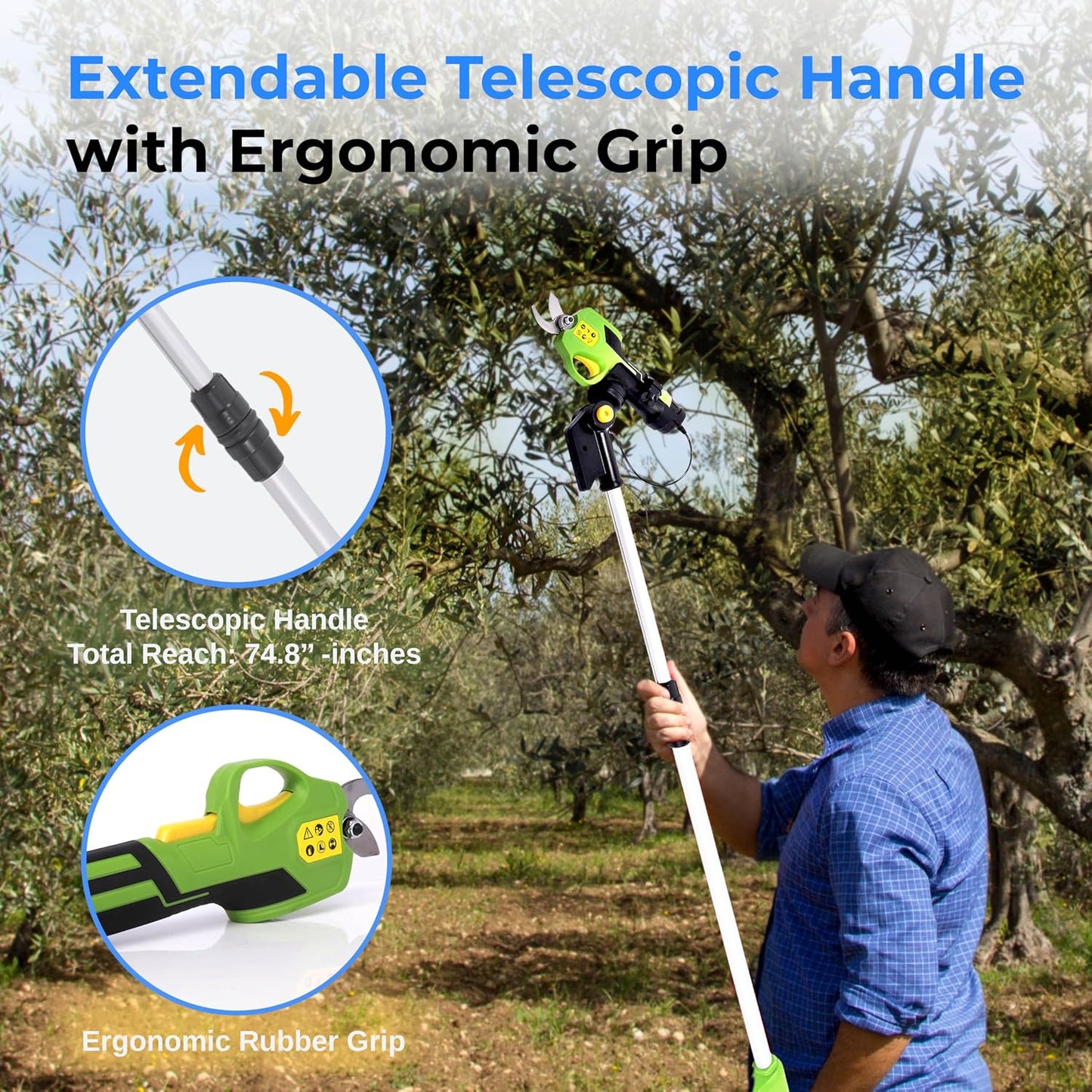 Cordless Pruning Shears & Branch Cutter | Electric Pruner with Telescopic Handle for 6 feet of Reach | Rechargeable Battery & .98 inch Cutting Diameter | Ideal for Bushes & Branches