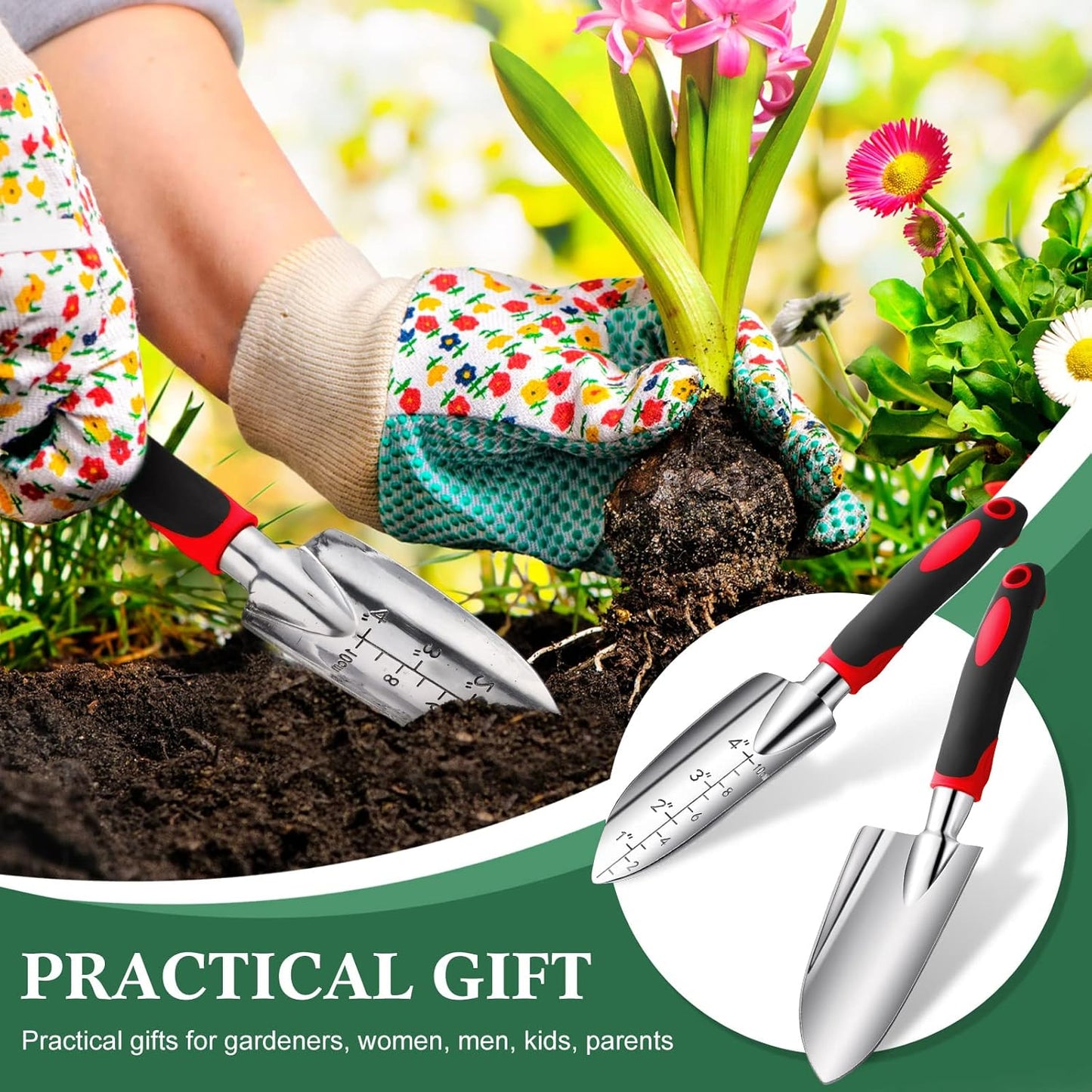 Garden Hand Trowel Transplant Trowel with Measurements Aluminum Alloy Planting Tools with Rubber Handle Small Gardening Hand Tools Shovels for Gardening Cultivating Transplanting Supplies