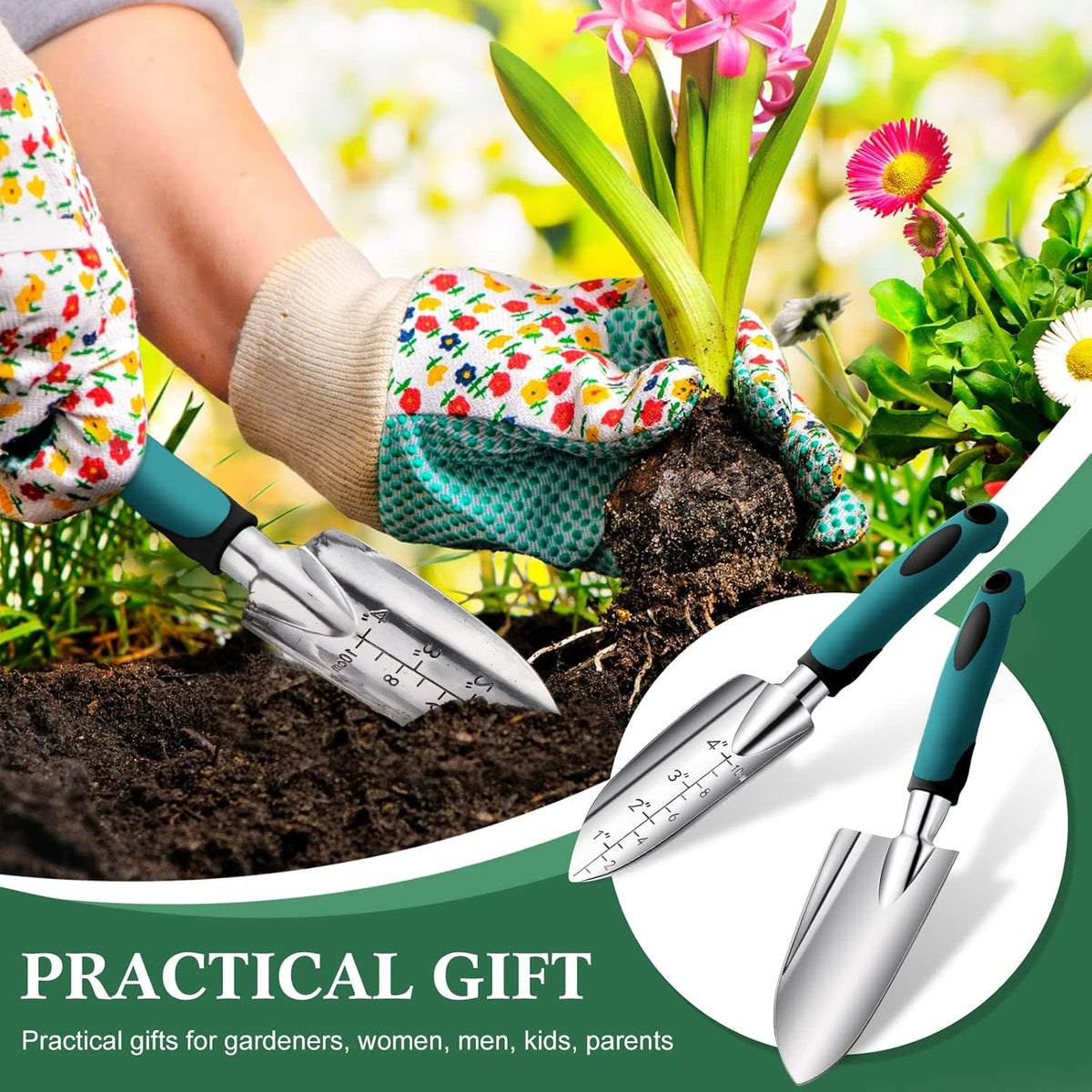 Garden Hand Trowel Transplant Trowel with Measurements Aluminum Alloy Planting Tools with Rubber Handle Small Gardening Hand Tools Shovels for Gardening Cultivating Transplanting Supplies