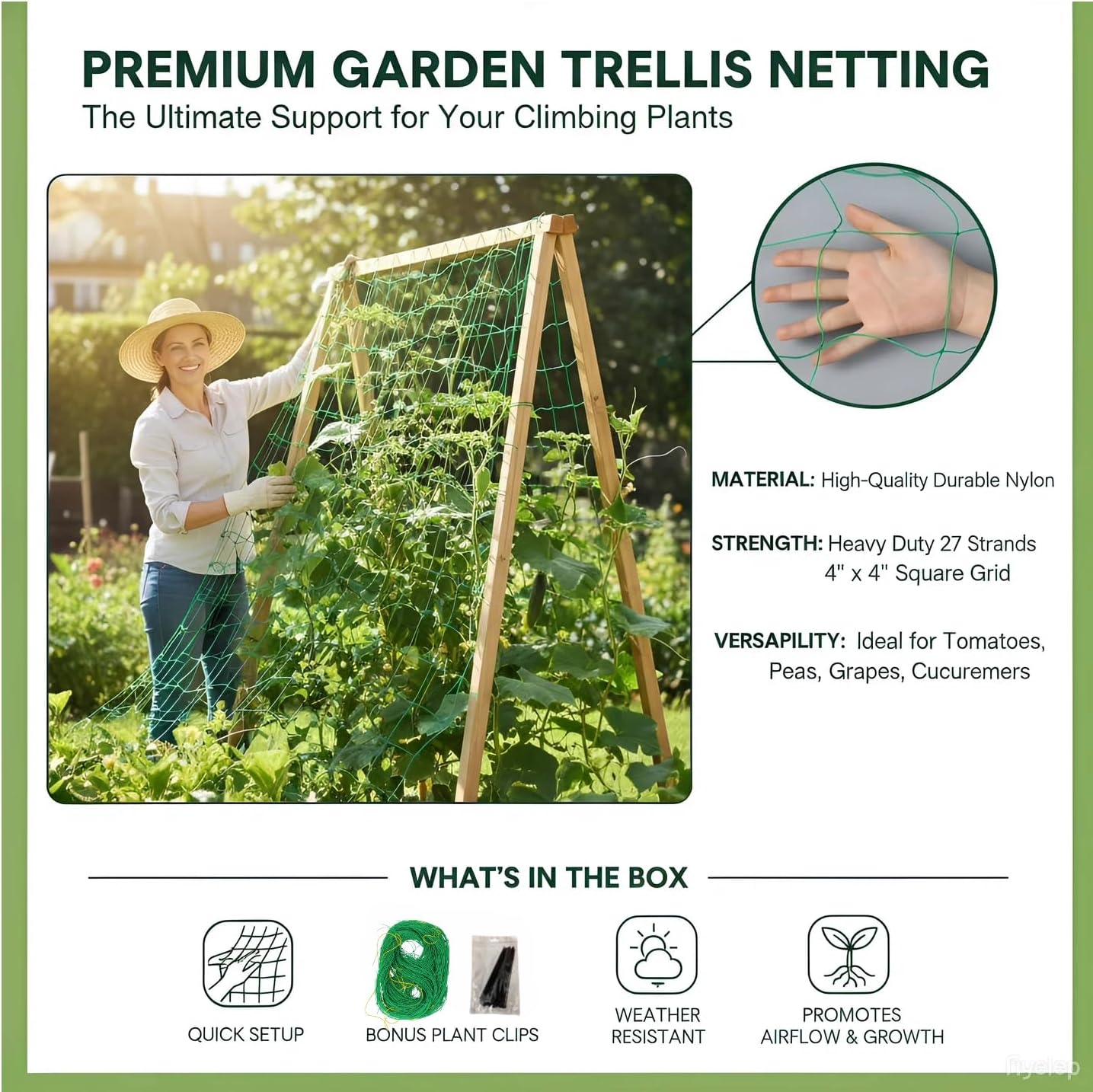Heavy Duty Trellis Netting for Climbing Plants, Garden Netting for Vegetables, Strong Plant Support Net for Cucumbers, Tomatoes & Peas, with 50 Plant Ties