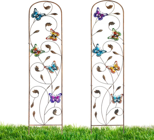 2 Pack Metal Garden Trellis with Colorful Butterfly 60 Inch High Outdoor Decoration Arched Fence Trellis for Climbing Plants for Patio, Lawn, Yard, Backyard, Wall Brackets