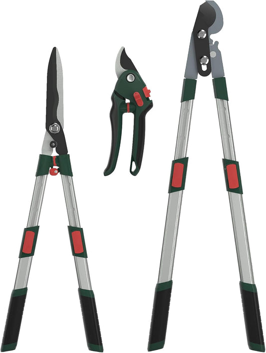3-Piece Garden Tool Set - Bypass Lopper, Hedge Shears, Pruning Shears with Telescopic Aluminum Handles, Extendable Heavy-Duty Branch Cutters, Garden Clippers for Branches, Shrubs, and Hedges