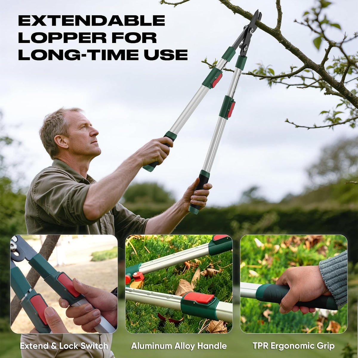3-Piece Garden Tool Set - Bypass Lopper, Hedge Shears, Pruning Shears with Telescopic Aluminum Handles, Extendable Heavy-Duty Branch Cutters, Garden Clippers for Branches, Shrubs, and Hedges