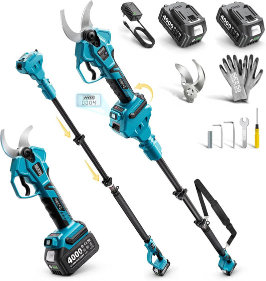 2-in-1 Pole Pruning Shears, 1.6" Cutting Diameter Cordless Electric Pole Pruners, Brushless Motor, Dual 4.0Ah Batteries, Extra SK5 Blade, 4 Modes Adjustable Branches Cutter for Tree & Flower