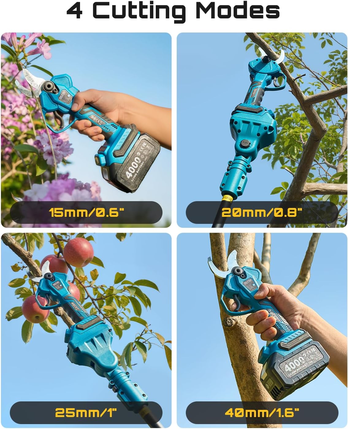 2-in-1 Pole Pruning Shears, 1.6" Cutting Diameter Cordless Electric Pole Pruners, Brushless Motor, Dual 4.0Ah Batteries, Extra SK5 Blade, 4 Modes Adjustable Branches Cutter for Tree & Flower