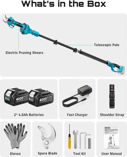 2-in-1 Pole Pruning Shears, 1.6" Cutting Diameter Cordless Electric Pole Pruners, Brushless Motor, Dual 4.0Ah Batteries, Extra SK5 Blade, 4 Modes Adjustable Branches Cutter for Tree & Flower
