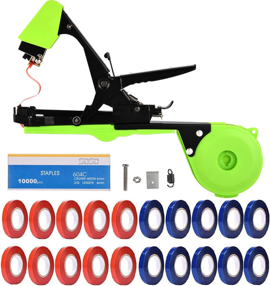 Plant Tying Machine, Plant Tape Cattle Panels for Garden,Plant Vine Tying Tool with 10000pcs Staples 21 Rolls Tape Plant Tape Gun for Grapes,Tapener (tapetool set1pcs), Green