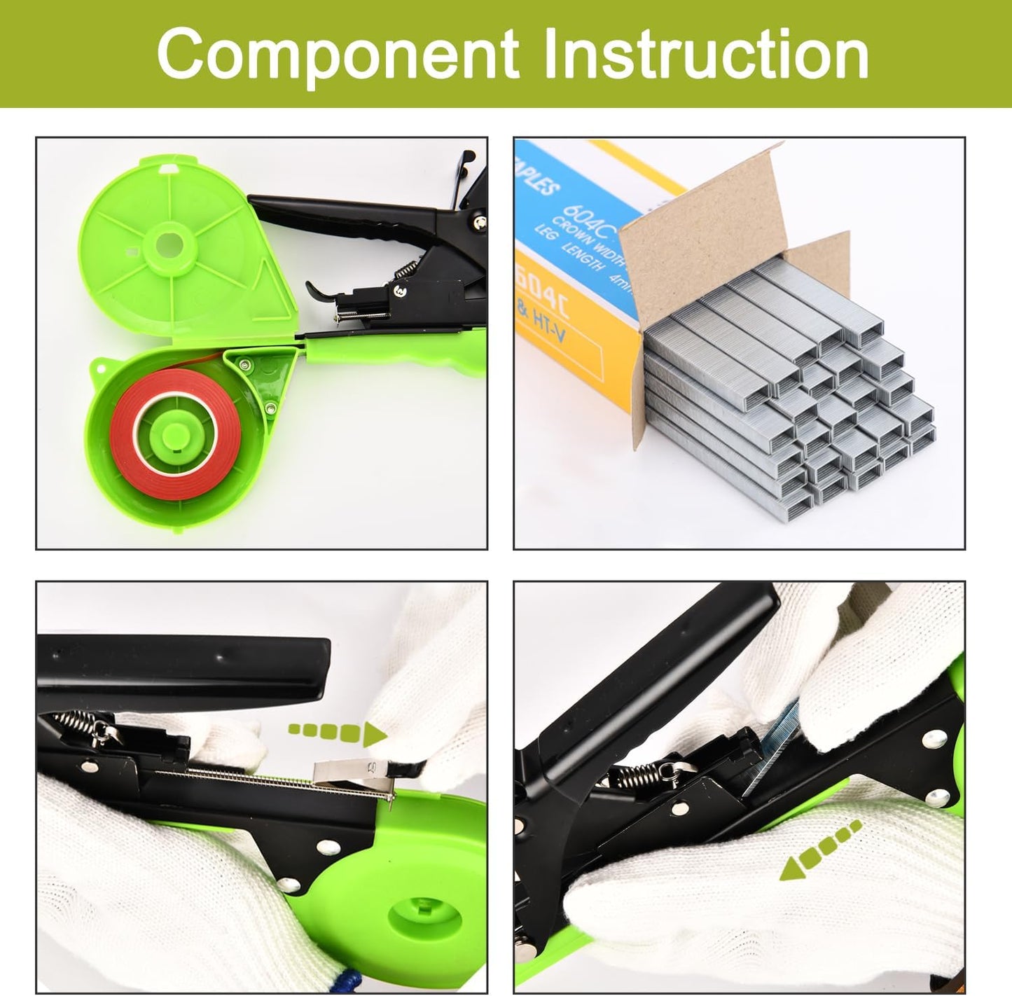 Plant Tying Machine, Plant Tape Cattle Panels for Garden,Plant Vine Tying Tool with 10000pcs Staples 21 Rolls Tape Plant Tape Gun for Grapes,Tapener (tapetool set1pcs), Green