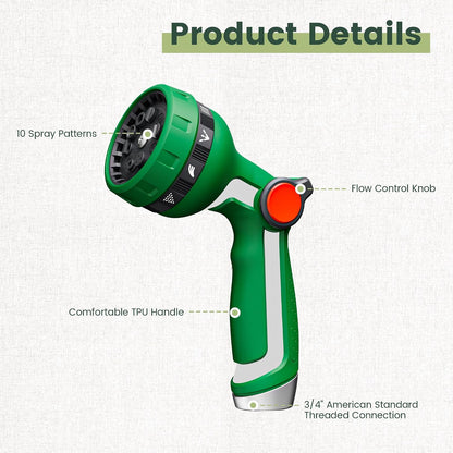 Heavy Duty Metal Garden Hose Nozzle, Thumb Control High Pressure Water Sprayer with 10 Adjustable Patterns, On Off Valve for Watering Plants & Lawns, Car Washing and Pet Showering
