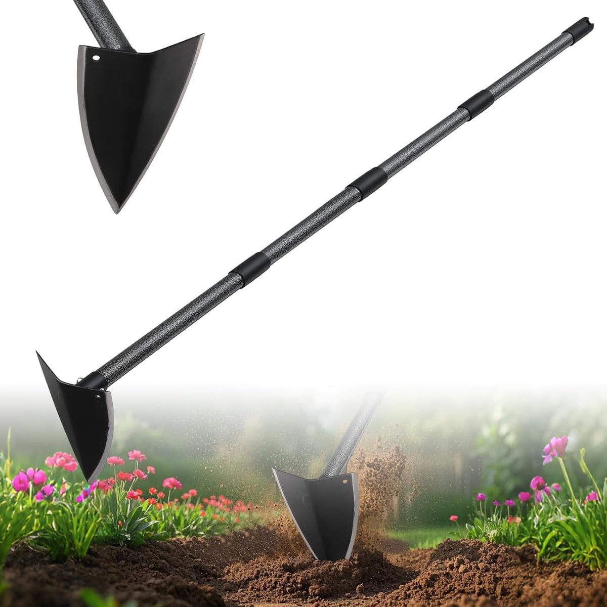 Triangle Hoe, Metal Garden Hoe for Weeding Long Handle 60", Gardening Hand Hoe Garden Tool Heavy Duty for Digging, Cutting and Loosing Soil