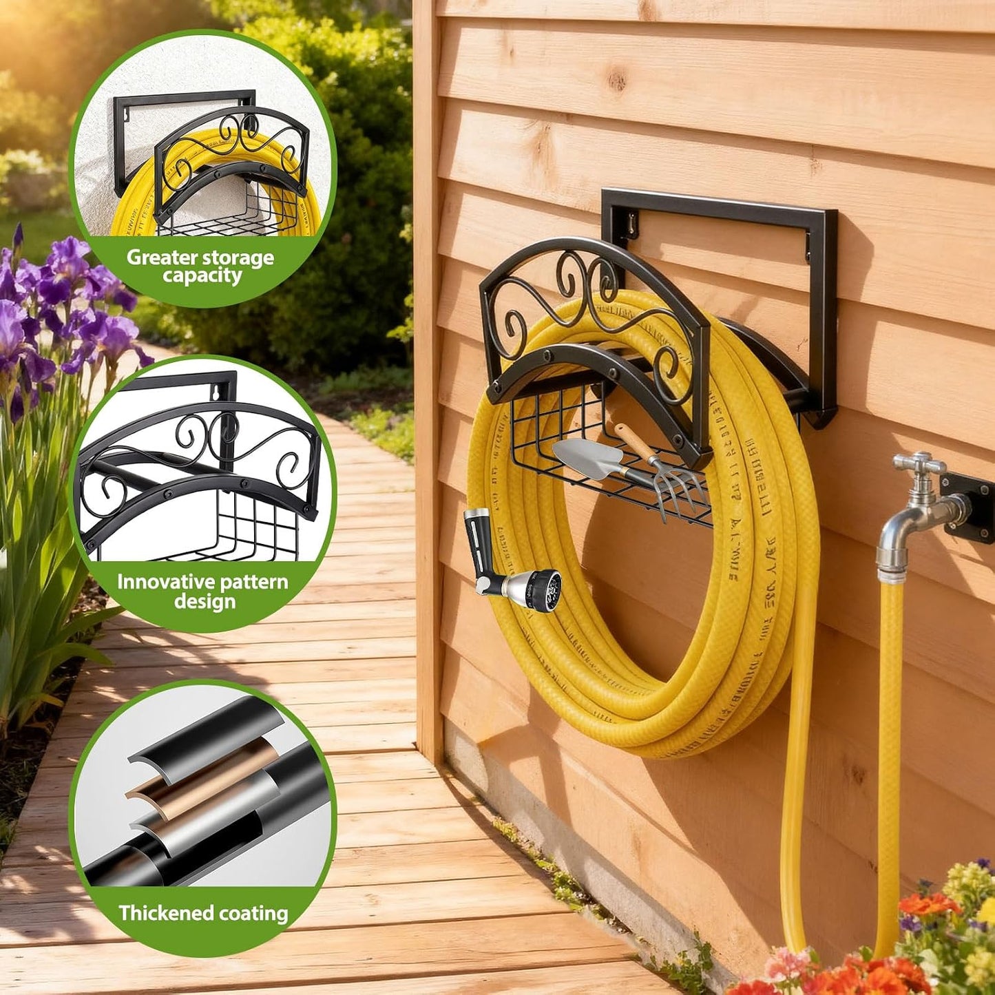 Garden Hose Holder Wall Mount, Metal Water Hose Holder with Basket