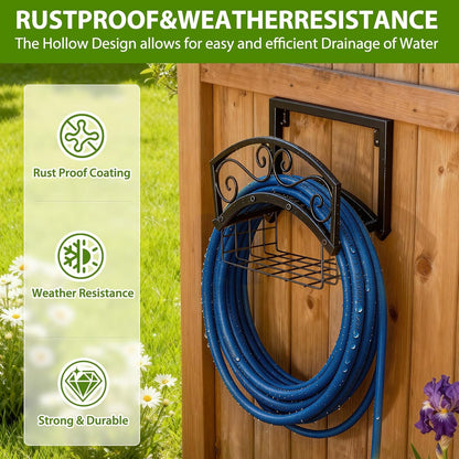 Garden Hose Holder Wall Mount, Metal Water Hose Holder with Basket