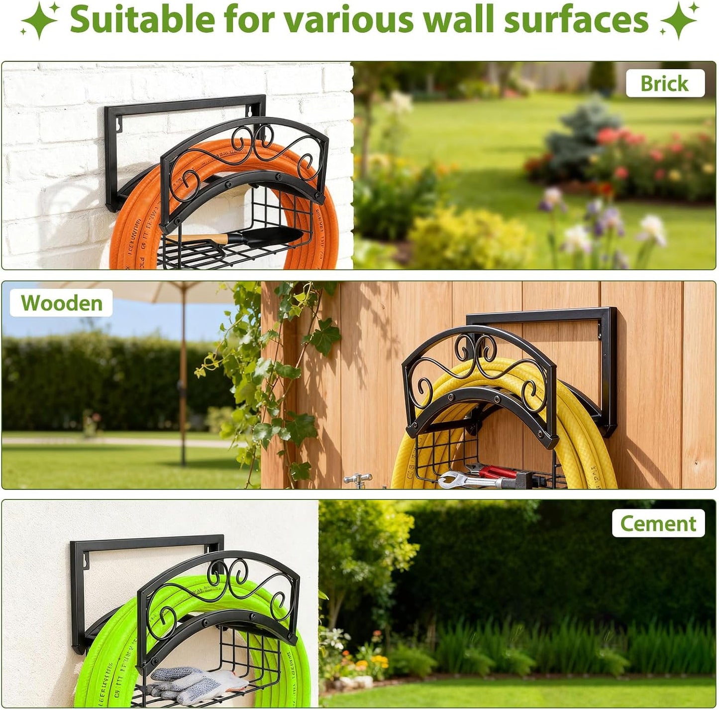 Garden Hose Holder Wall Mount, Metal Water Hose Holder with Basket