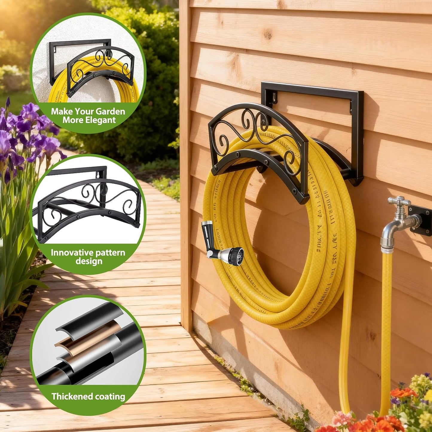 Garden Hose Holder Wall Mount, Metal Water Hose Holder with Basket