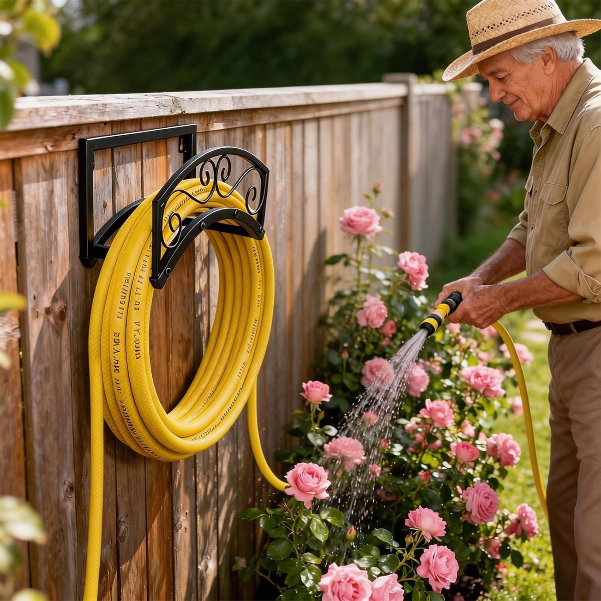Garden Hose Holder Wall Mount, Metal Water Hose Holder with Basket