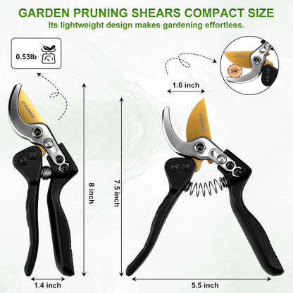 Bypass Pruning Shears, 8" SK5 Steel Nonstick Blade Hand Pruners