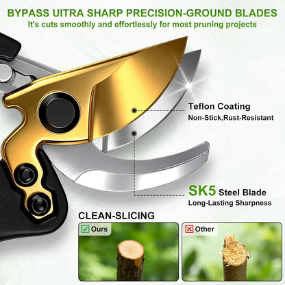 Bypass Pruning Shears, 8" SK5 Steel Nonstick Blade Hand Pruners