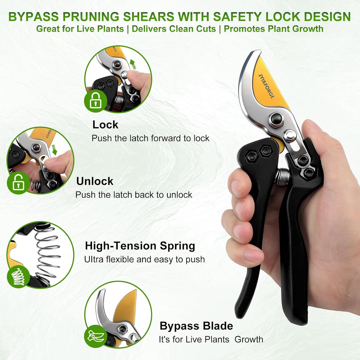 Bypass Pruning Shears, 8" SK5 Steel Nonstick Blade Hand Pruners