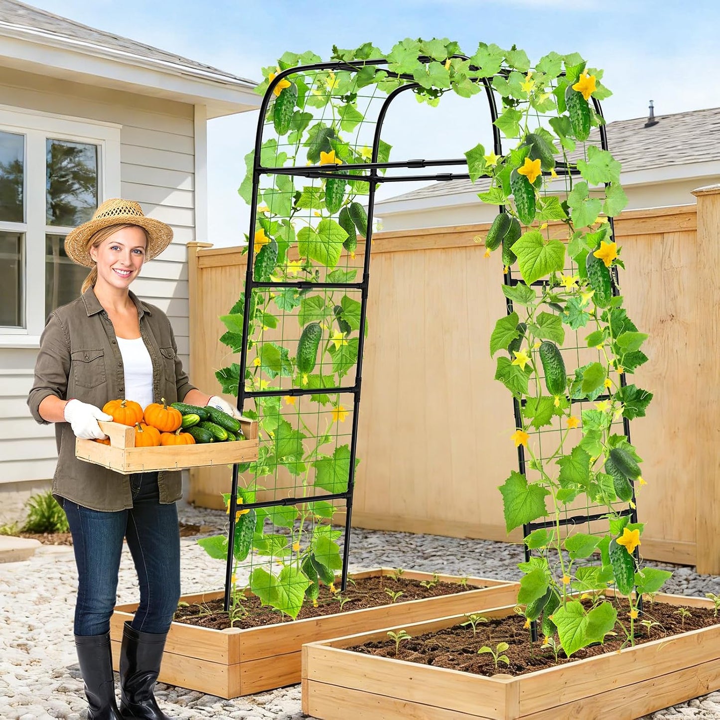 7FT Garden Trellis Arch for Climbing Plants – Tall Outdoor Metal Trellis for Vegetables, Peas, Tomatoes,﻿ Cucumber Trellis Arch & Vertical Garden Climber Plant Support for Vine Plants
