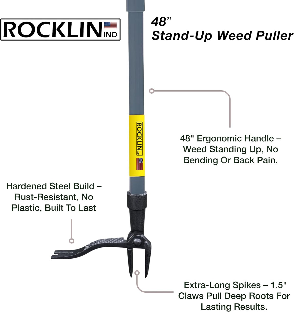 Rocklin™ Stand Up Weed Puller, 4-Claw Steel Head, 48" Handle