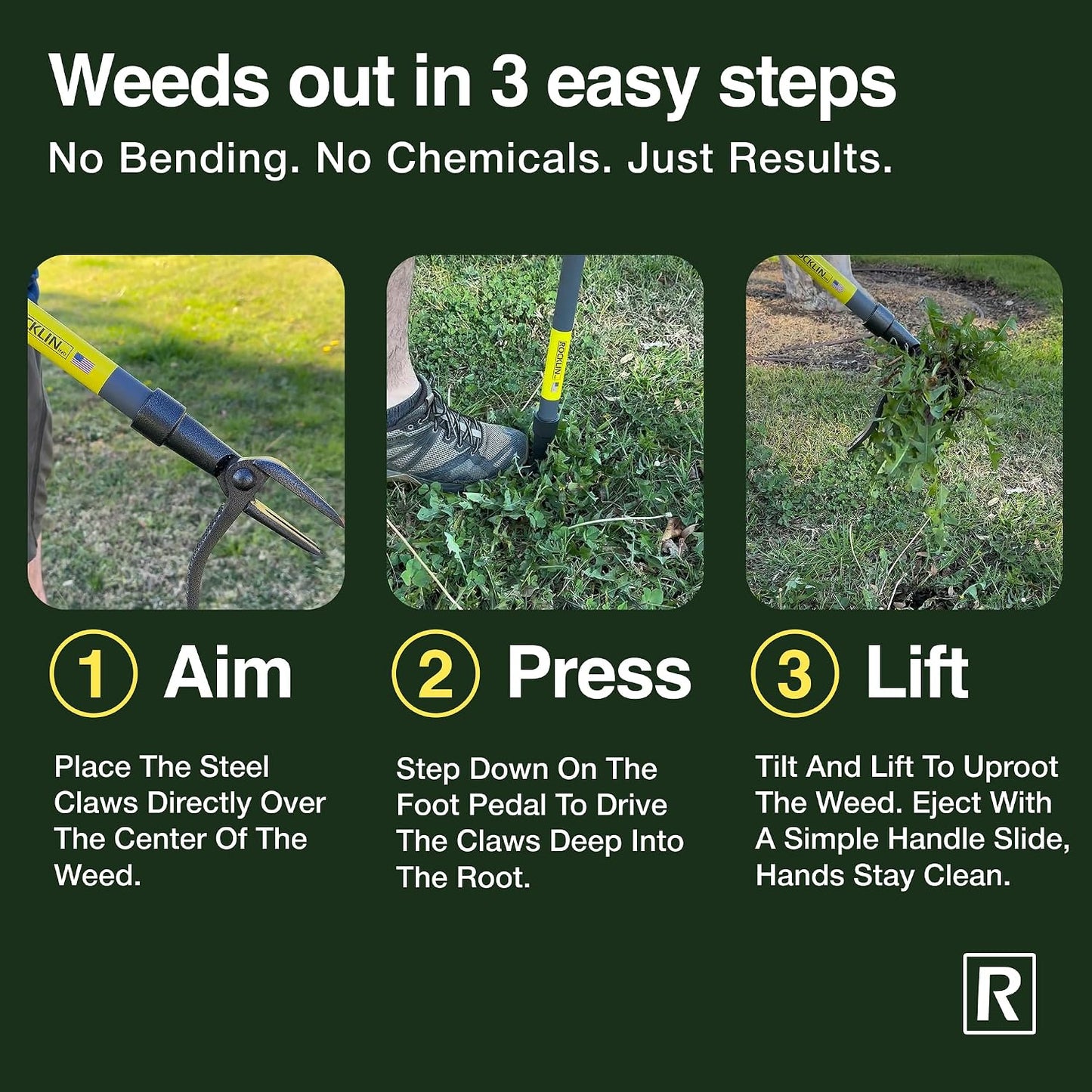 Rocklin™ Stand Up Weed Puller, 4-Claw Steel Head, 48" Handle