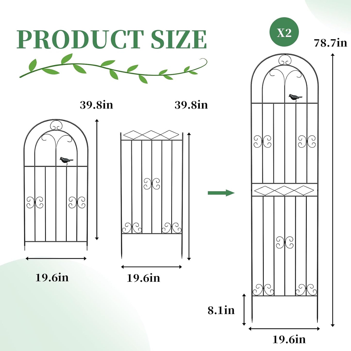 2 Pack 78.7" x 19.6" Iron Arch Decoration Garden Trellis, Metal Climbing Plant Trellis for Heavy Vines, Roses, Flowers, and Vegetables, Perfect for Gardens, Lawns.