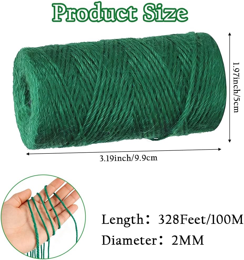 Green Natural Jute Twine, 328 Feet Garden Twine String for Gardening Jute Rope String Garden Plant Ties String 2mm Hemp Rope Garden Twine for Climbing Plants Tomatoes DIY Crafts Projects Gift Wrapping