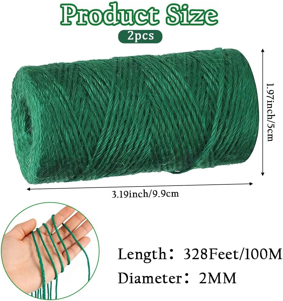 Green Natural Jute Twine, 328 Feet Garden Twine String for Gardening Jute Rope String Garden Plant Ties String 2mm Hemp Rope Garden Twine for Climbing Plants Tomatoes DIY Crafts Projects Gift Wrapping