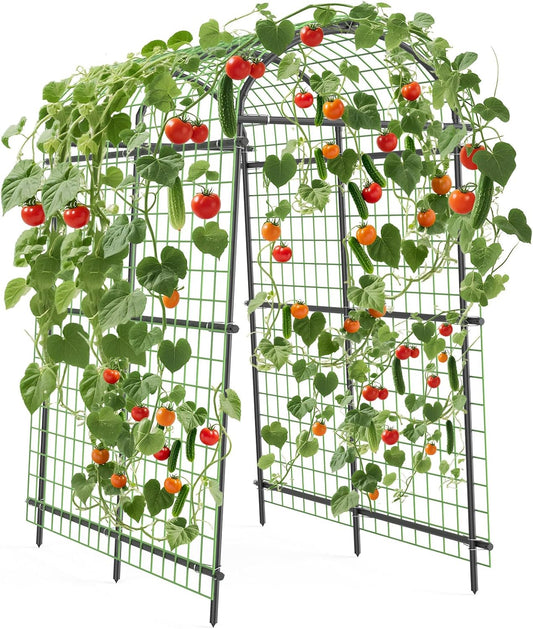 7.5FT Metal Garden Arch Trellis with Netting, Adjustable 35"–45" Arbor for Climbing Plants, Roses, Grapes & Vegetables, Weatherproof Steel Pergola with Ground Clips, Easy Fold-Out Assembly