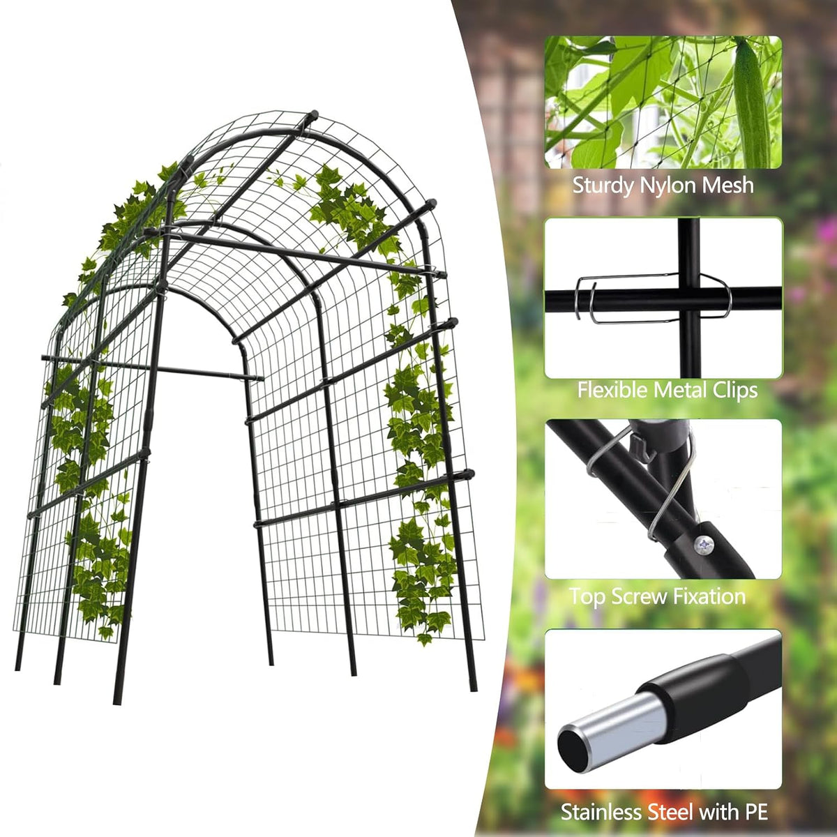 7.5FT Metal Garden Arch Trellis with Netting, Adjustable 35"–45" Arbor for Climbing Plants, Roses, Grapes & Vegetables, Weatherproof Steel Pergola with Ground Clips, Easy Fold-Out Assembly