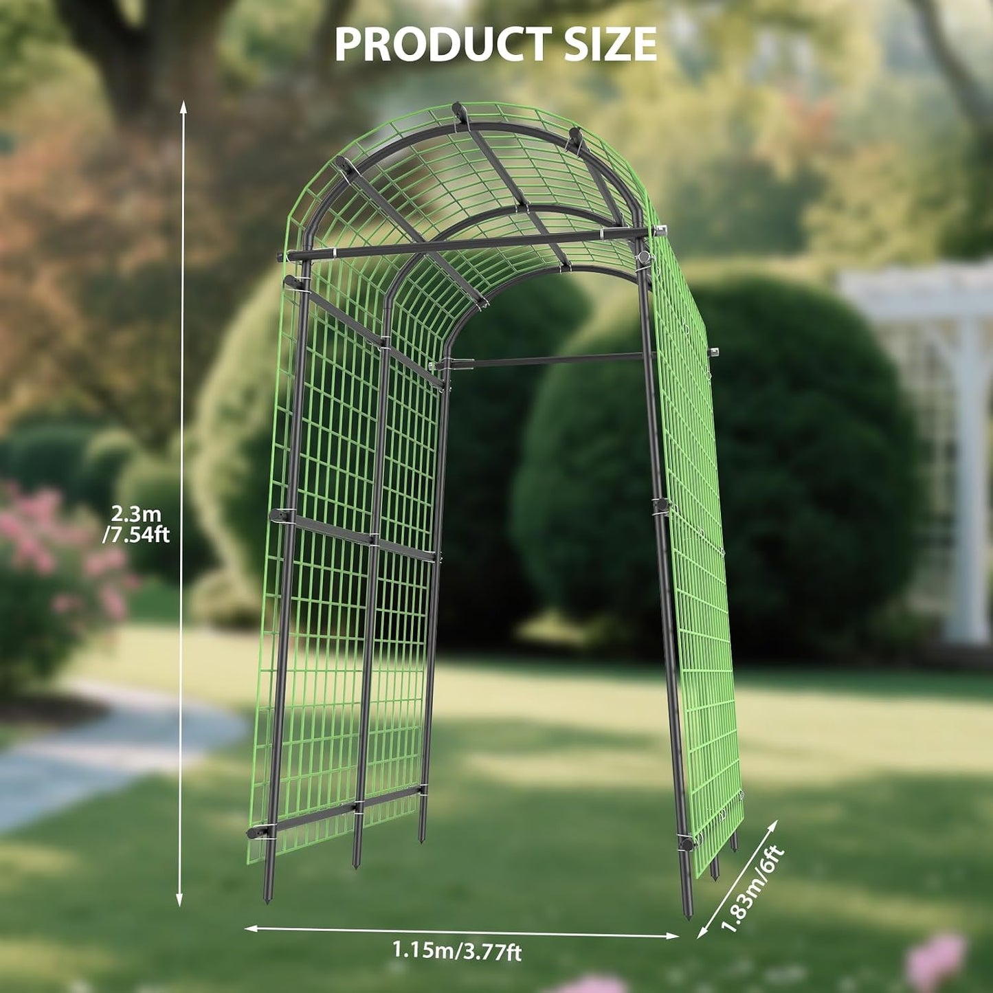 7.5FT Metal Garden Arch Trellis with Netting, Adjustable 35"–45" Arbor for Climbing Plants, Roses, Grapes & Vegetables, Weatherproof Steel Pergola with Ground Clips, Easy Fold-Out Assembly