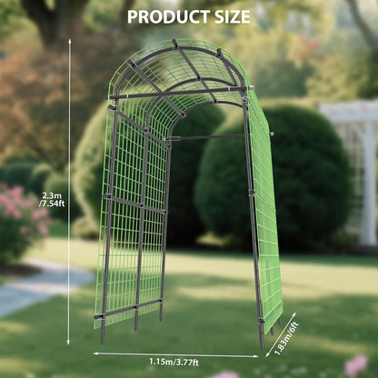 7.5FT Metal Garden Arch Trellis with Netting, Adjustable 35"–45" Arbor for Climbing Plants, Roses, Grapes & Vegetables, Weatherproof Steel Pergola with Ground Clips, Easy Fold-Out Assembly